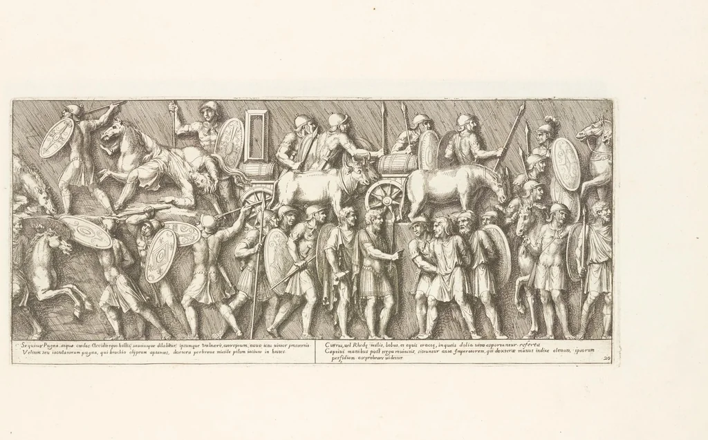 An illustration from Colvmna Antoniniana Marci Avrelii Antonini Avgvsti : rebvs gestis insignis germanis simvl, et sarmatis, gemino bello devictis ex s. c. Romae in Antonini foro, ad viã Flaminiã, erecta, 1672, leaf 48