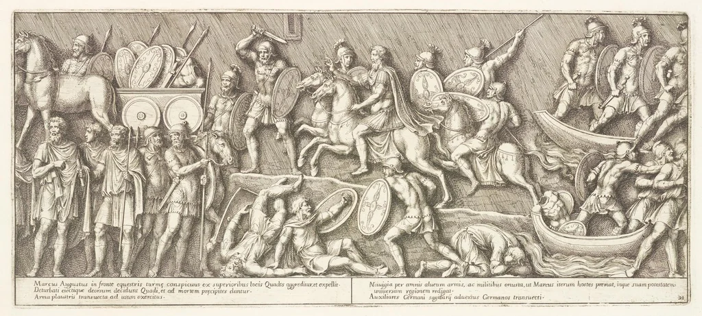 An illustration from Colvmna Antoniniana Marci Avrelii Antonini Avgvsti : rebvs gestis insignis germanis simvl, et sarmatis, gemino bello devictis ex s. c. Romae in Antonini foro, ad viã Flaminiã, erecta, 1672, leaf 50