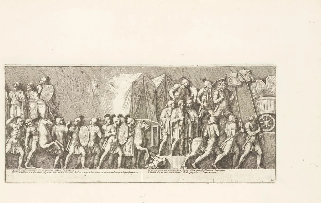 An illustration from Colvmna Antoniniana Marci Avrelii Antonini Avgvsti : rebvs gestis insignis germanis simvl, et sarmatis, gemino bello devictis ex s. c. Romae in Antonini foro, ad viã Flaminiã, erecta, 1672, leaf 60