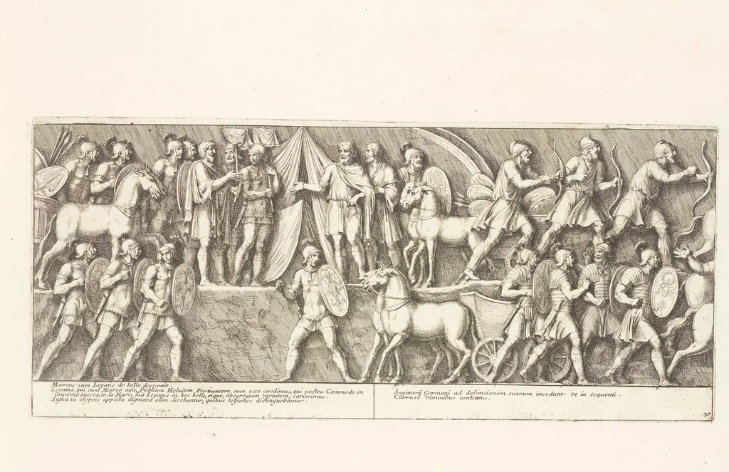 An illustration from Colvmna Antoniniana Marci Avrelii Antonini Avgvsti : rebvs gestis insignis germanis simvl, et sarmatis, gemino bello devictis ex s. c. Romae in Antonini foro, ad viã Flaminiã, erecta, 1672, leaf 62