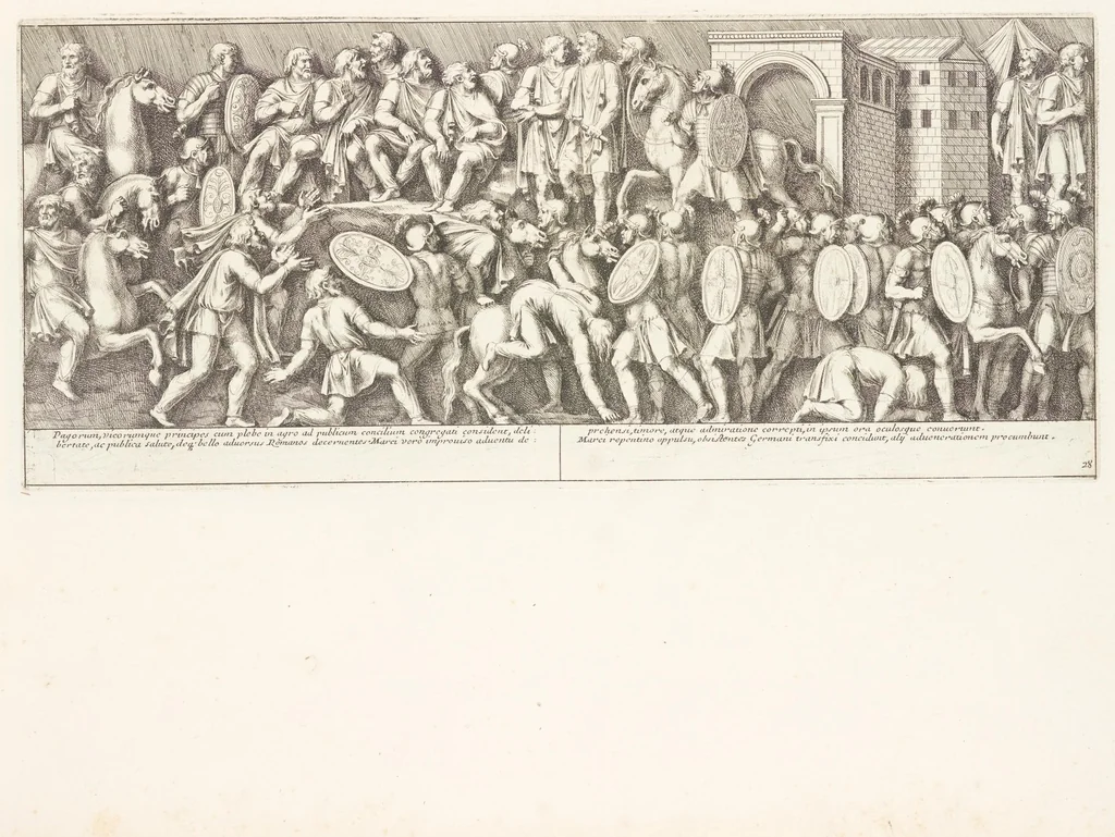 An illustration from Colvmna Antoniniana Marci Avrelii Antonini Avgvsti : rebvs gestis insignis germanis simvl, et sarmatis, gemino bello devictis ex s. c. Romae in Antonini foro, ad viã Flaminiã, erecta, 1672, leaf 64