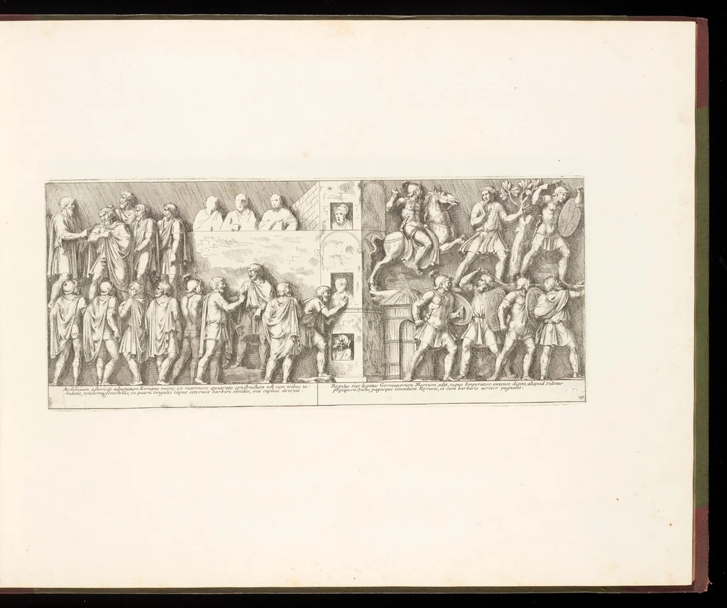 An illustration from Colvmna Antoniniana Marci Avrelii Antonini Avgvsti : rebvs gestis insignis germanis simvl, et sarmatis, gemino bello devictis ex s. c. Romae in Antonini foro, ad viã Flaminiã, erecta, 1672, leaf 66