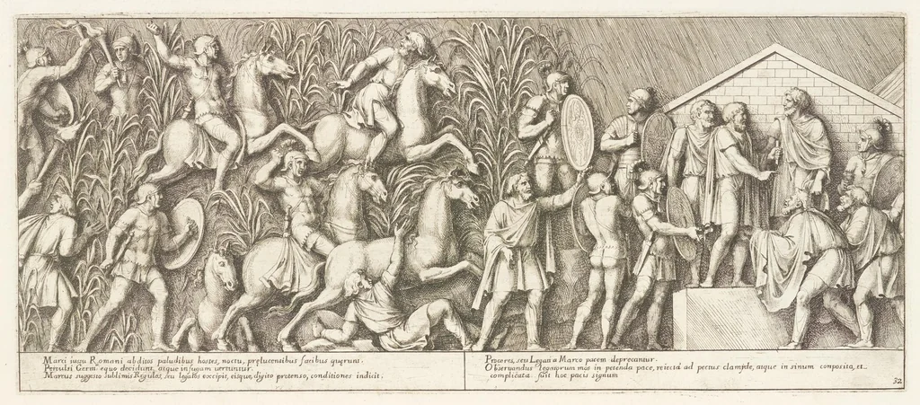 An illustration from Colvmna Antoniniana Marci Avrelii Antonini Avgvsti : rebvs gestis insignis germanis simvl, et sarmatis, gemino bello devictis ex s. c. Romae in Antonini foro, ad viã Flaminiã, erecta, 1672, leaf 72