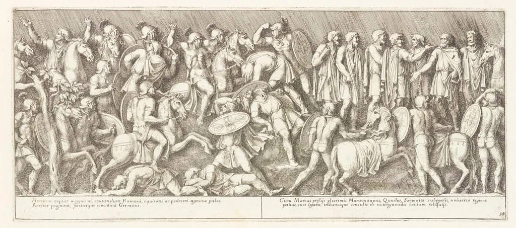 An illustration from Colvmna Antoniniana Marci Avrelii Antonini Avgvsti : rebvs gestis insignis germanis simvl, et sarmatis, gemino bello devictis ex s. c. Romae in Antonini foro, ad viã Flaminiã, erecta, 1672, leaf 76