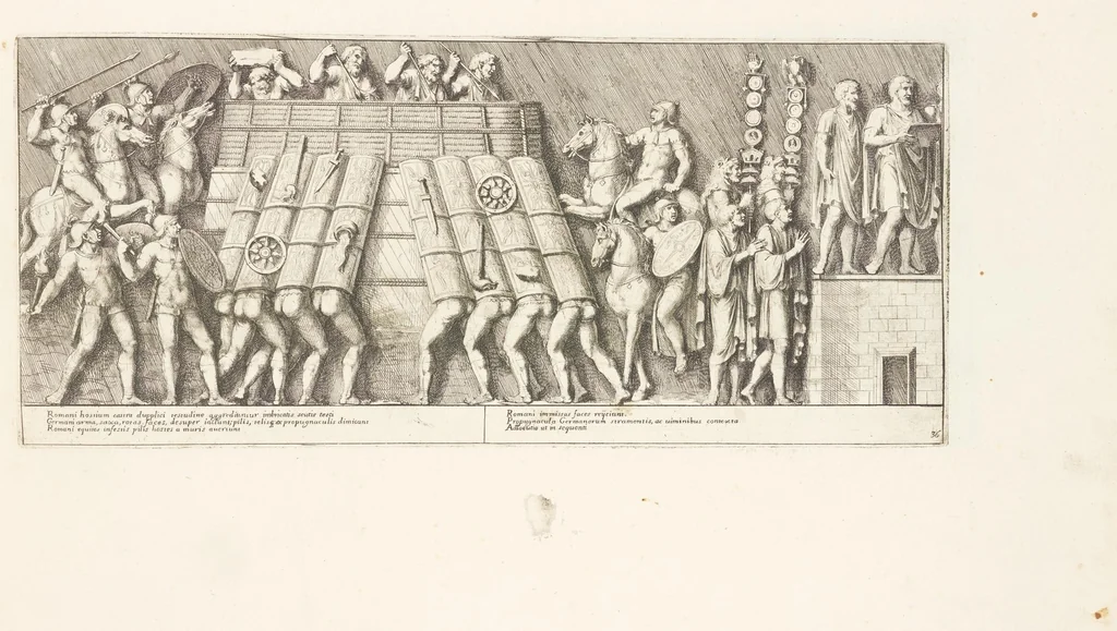 An illustration from Colvmna Antoniniana Marci Avrelii Antonini Avgvsti : rebvs gestis insignis germanis simvl, et sarmatis, gemino bello devictis ex s. c. Romae in Antonini foro, ad viã Flaminiã, erecta, 1672, leaf 80
