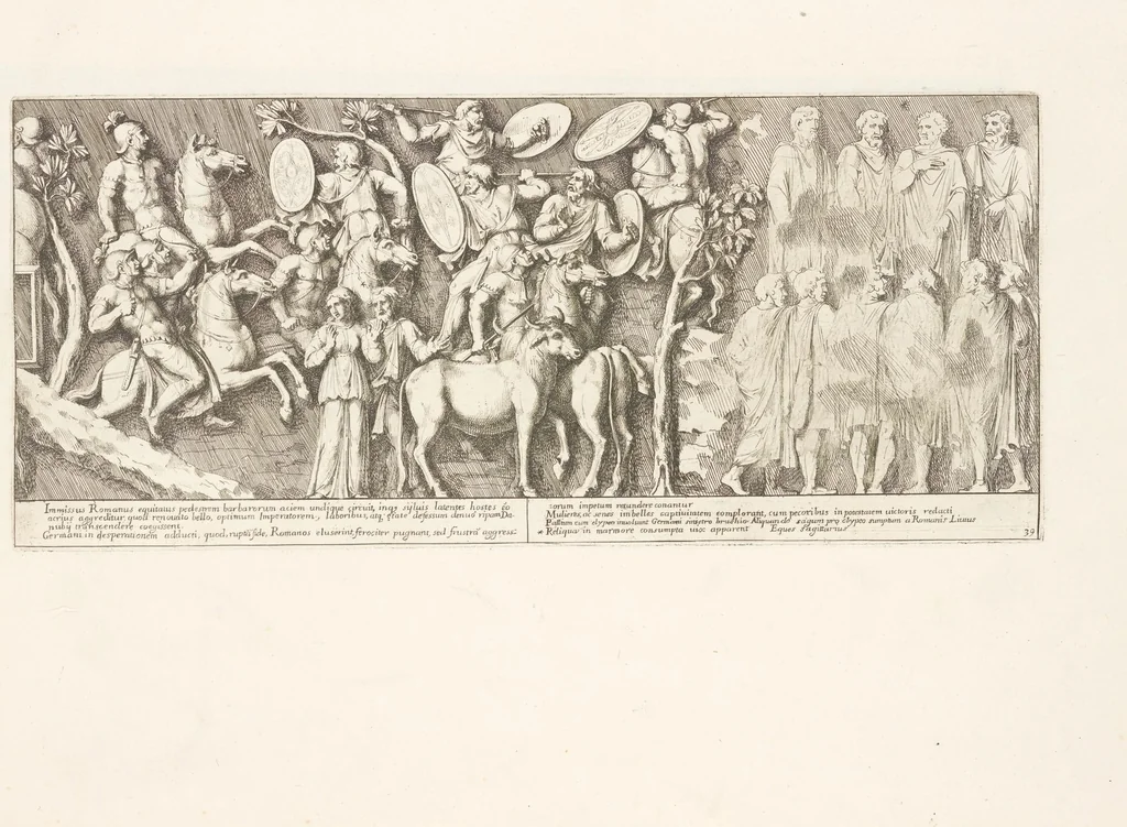 An illustration from Colvmna Antoniniana Marci Avrelii Antonini Avgvsti : rebvs gestis insignis germanis simvl, et sarmatis, gemino bello devictis ex s. c. Romae in Antonini foro, ad viã Flaminiã, erecta, 1672, leaf 86