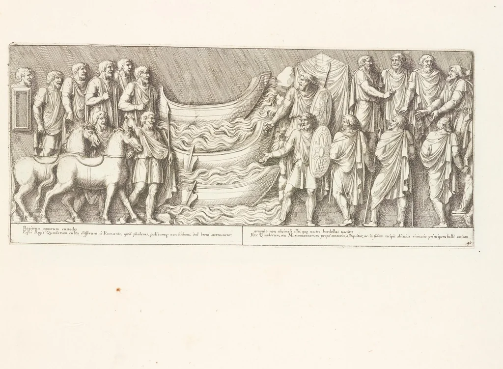 An illustration from Colvmna Antoniniana Marci Avrelii Antonini Avgvsti : rebvs gestis insignis germanis simvl, et sarmatis, gemino bello devictis ex s. c. Romae in Antonini foro, ad viã Flaminiã, erecta, 1672, leaf 88