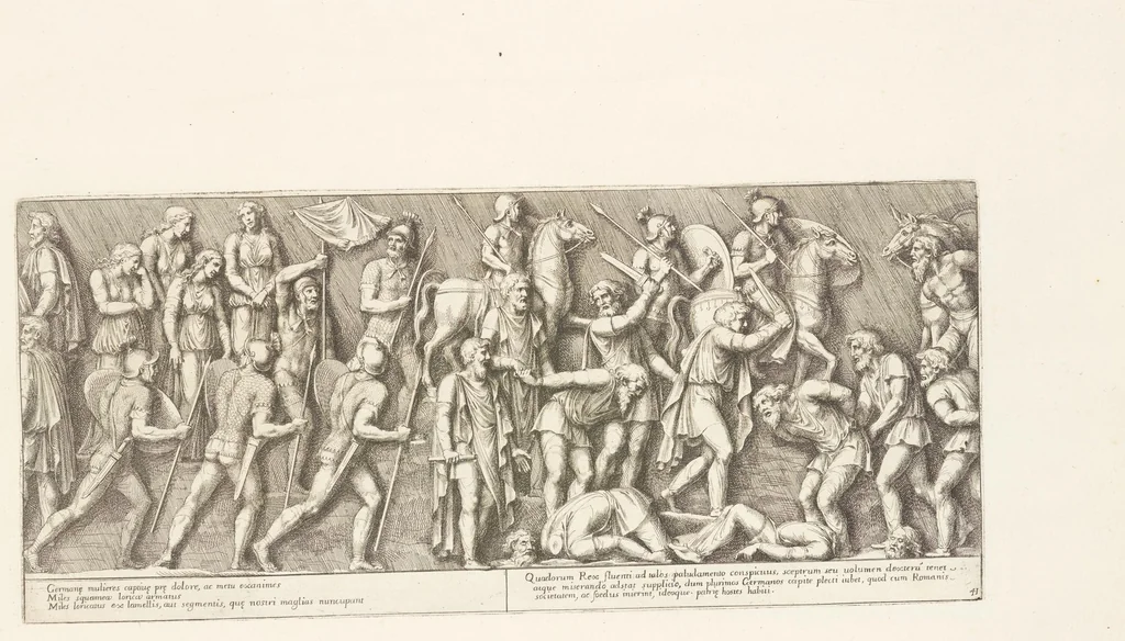 An illustration from Colvmna Antoniniana Marci Avrelii Antonini Avgvsti : rebvs gestis insignis germanis simvl, et sarmatis, gemino bello devictis ex s. c. Romae in Antonini foro, ad viã Flaminiã, erecta, 1672, leaf 90