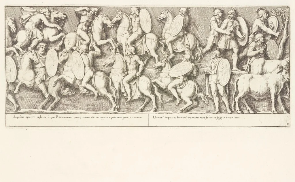 An illustration from Colvmna Antoniniana Marci Avrelii Antonini Avgvsti : rebvs gestis insignis germanis simvl, et sarmatis, gemino bello devictis ex s. c. Romae in Antonini foro, ad viã Flaminiã, erecta, 1672, leaf 94