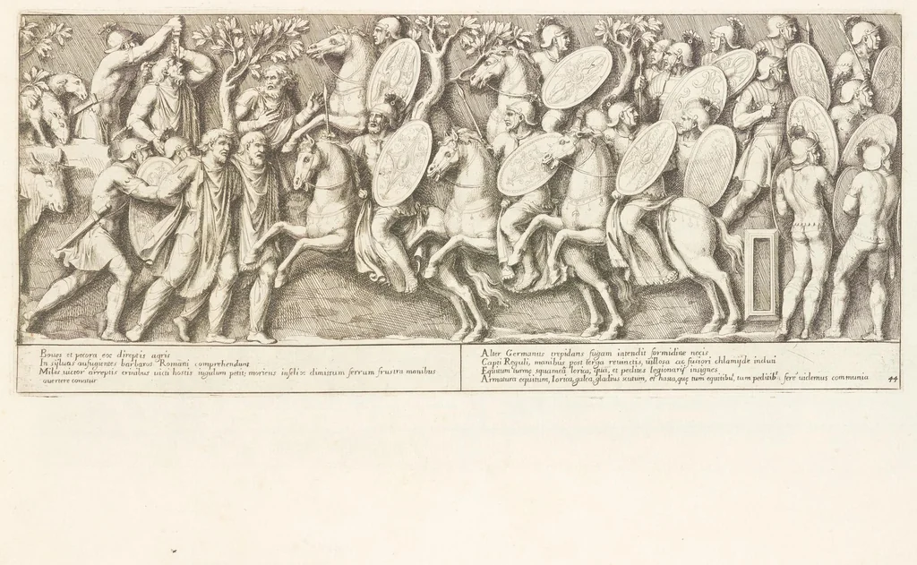 An illustration from Colvmna Antoniniana Marci Avrelii Antonini Avgvsti : rebvs gestis insignis germanis simvl, et sarmatis, gemino bello devictis ex s. c. Romae in Antonini foro, ad viã Flaminiã, erecta, 1672, leaf 96