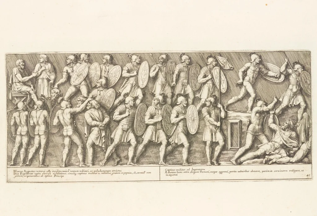 An illustration from Colvmna Antoniniana Marci Avrelii Antonini Avgvsti : rebvs gestis insignis germanis simvl, et sarmatis, gemino bello devictis ex s. c. Romae in Antonini foro, ad viã Flaminiã, erecta, 1672, leaf 98