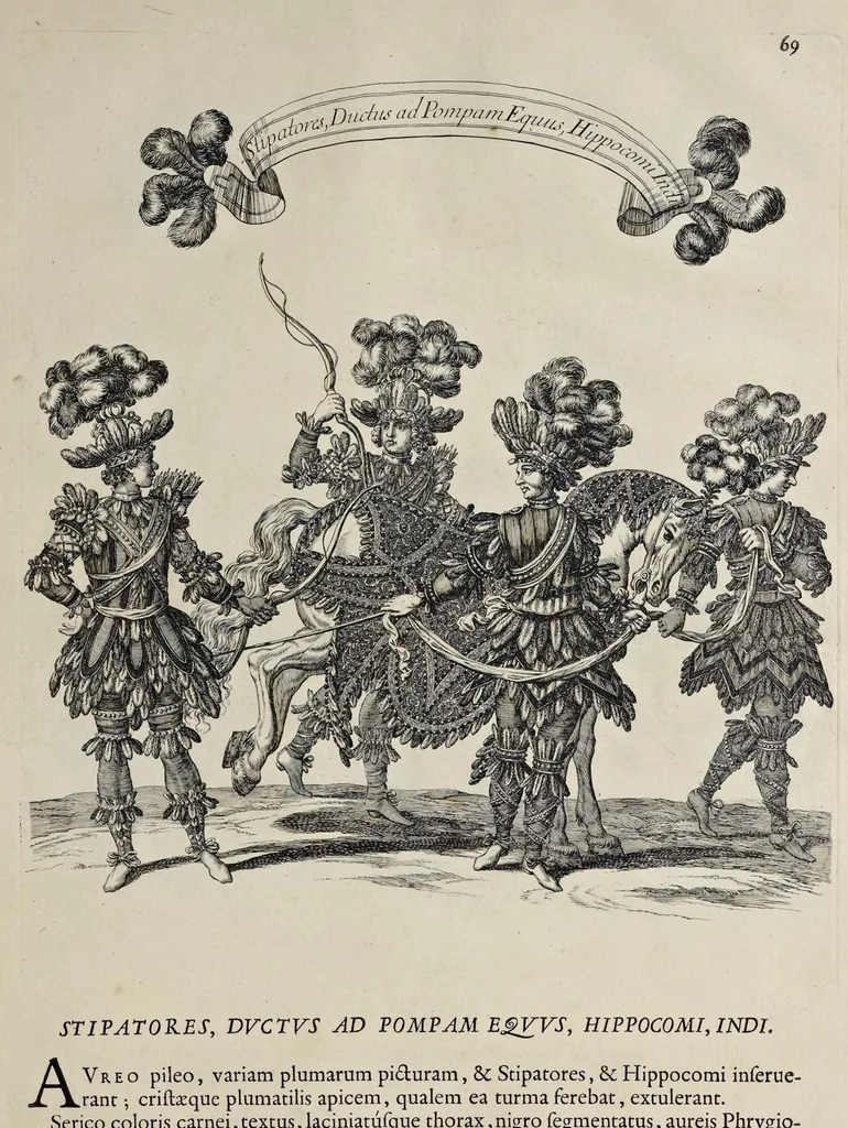 An illustration from Festiva ad capita annulumque decursio : a Rege Ludovico XIV, principibvs, summisque aulæ proceribus edita anno M. DC. LXIII, 1670, leaf 100