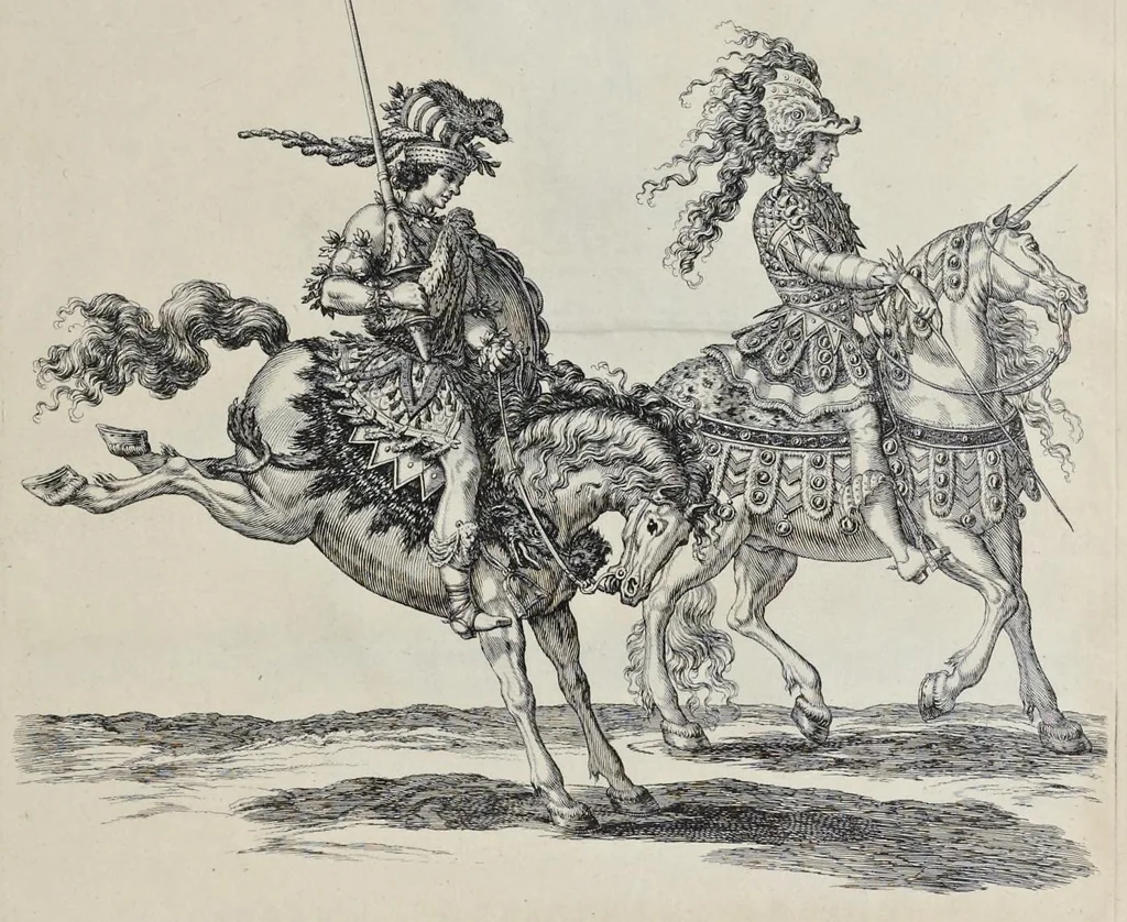 An illustration from Festiva ad capita annulumque decursio : a Rege Ludovico XIV, principibvs, summisque aulæ proceribus edita anno M. DC. LXIII, 1670, leaf 120