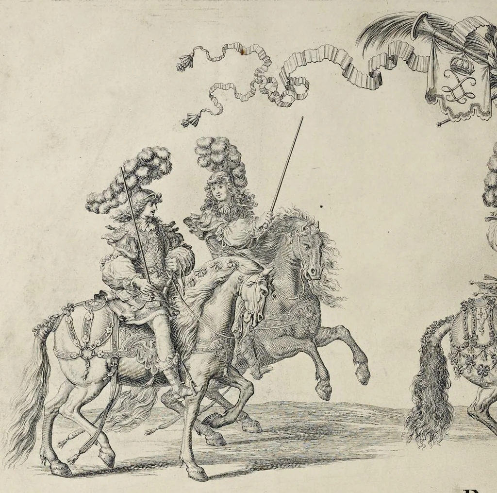 An illustration from Festiva ad capita annulumque decursio : a Rege Ludovico XIV, principibvs, summisque aulæ proceribus edita anno M. DC. LXIII, 1670, leaf 57
