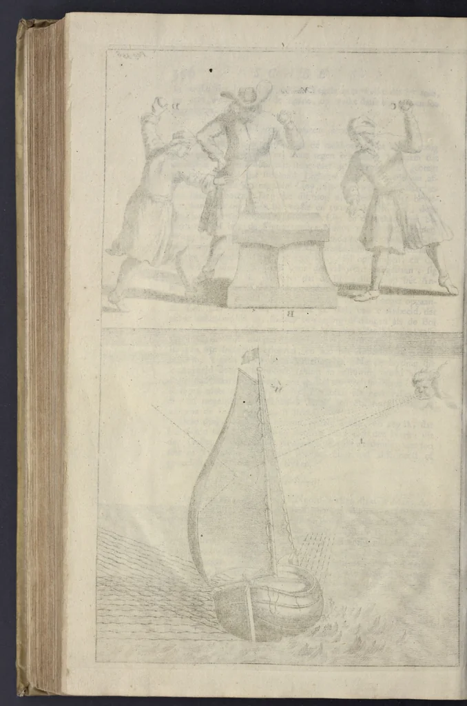 An illustration from De nederlandsche scheeps-bouw-konst open gestelt : vertoonende naar wat regel, of evenredenheyd, in Nederland meest alle scheepen werden gebouwd : mitsgaders masten, zeylen, ankers, en touwen, enz. daar aan gepast : soo suit de schriften van ouder, als jonger bouw-meesters, als ook by eygen ondervindinge, tot nut van alle jonge bouw-meesters en knechten, als ook uitreeders en liefhebbers van scheepen, 1697, leaf 413