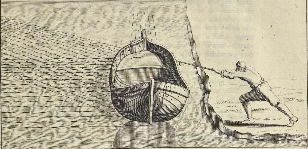 An illustration from De nederlandsche scheeps-bouw-konst open gestelt : vertoonende naar wat regel, of evenredenheyd, in Nederland meest alle scheepen werden gebouwd : mitsgaders masten, zeylen, ankers, en touwen, enz. daar aan gepast : soo suit de schriften van ouder, als jonger bouw-meesters, als ook by eygen ondervindinge, tot nut van alle jonge bouw-meesters en knechten, als ook uitreeders en liefhebbers van scheepen, 1697, leaf 414