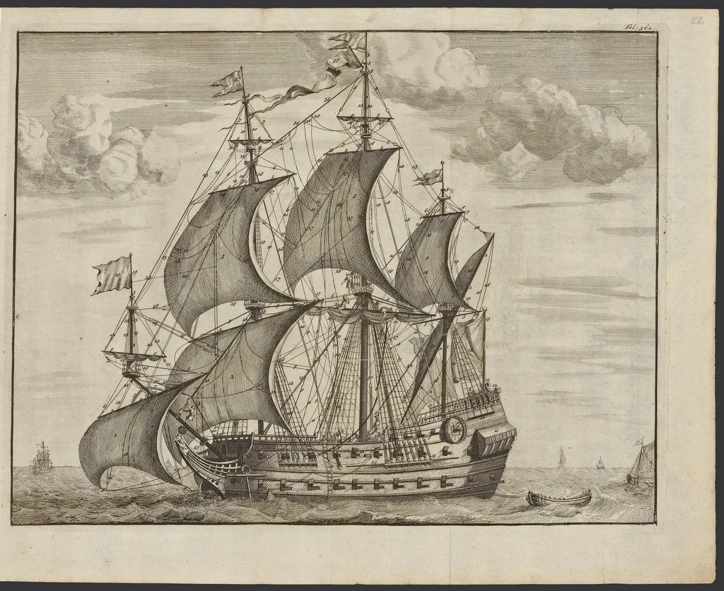 An illustration from De nederlandsche scheeps-bouw-konst open gestelt : vertoonende naar wat regel, of evenredenheyd, in Nederland meest alle scheepen werden gebouwd : mitsgaders masten, zeylen, ankers, en touwen, enz. daar aan gepast : soo suit de schriften van ouder, als jonger bouw-meesters, als ook by eygen ondervindinge, tot nut van alle jonge bouw-meesters en knechten, als ook uitreeders en liefhebbers van scheepen, 1697, leaf 424