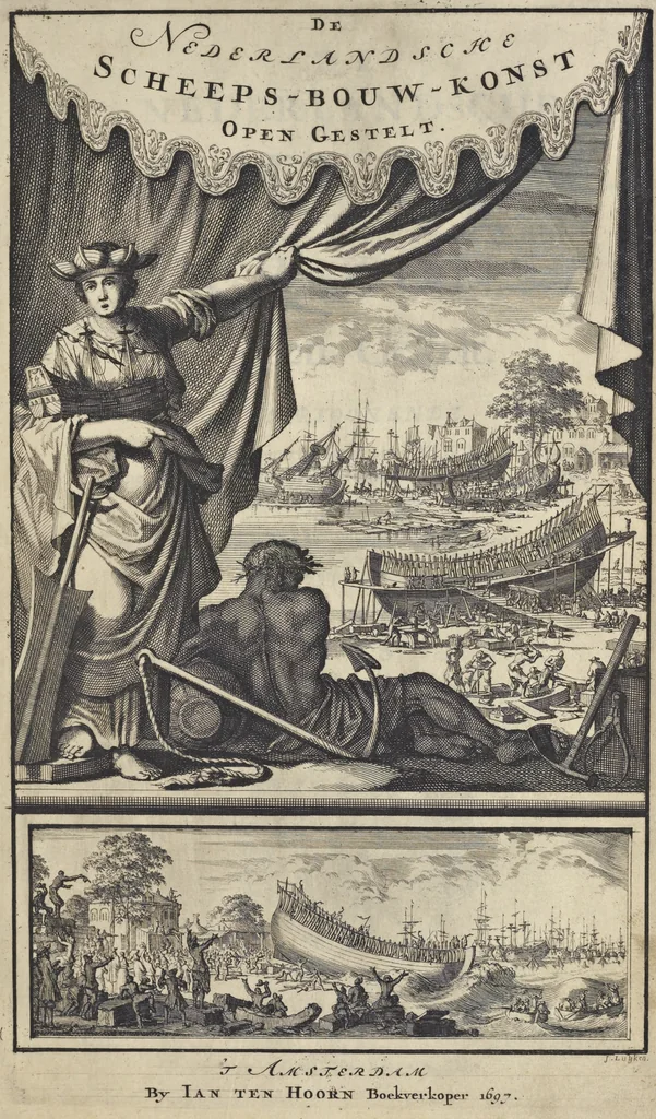 An illustration from De nederlandsche scheeps-bouw-konst open gestelt : vertoonende naar wat regel, of evenredenheyd, in Nederland meest alle scheepen werden gebouwd : mitsgaders masten, zeylen, ankers, en touwen, enz. daar aan gepast : soo suit de schriften van ouder, als jonger bouw-meesters, als ook by eygen ondervindinge, tot nut van alle jonge bouw-meesters en knechten, als ook uitreeders en liefhebbers van scheepen, 1697, leaf 6