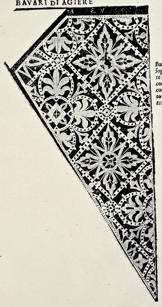 An illustration from Ornamento nobile, per ogni gentil matrona : dove si contiene bavari, frisi d'infinita bellezza, lauori, per linzuoli trauerse, e facuoli : ... con ponti in aria fiamenghi ..., 1876, leaf 14