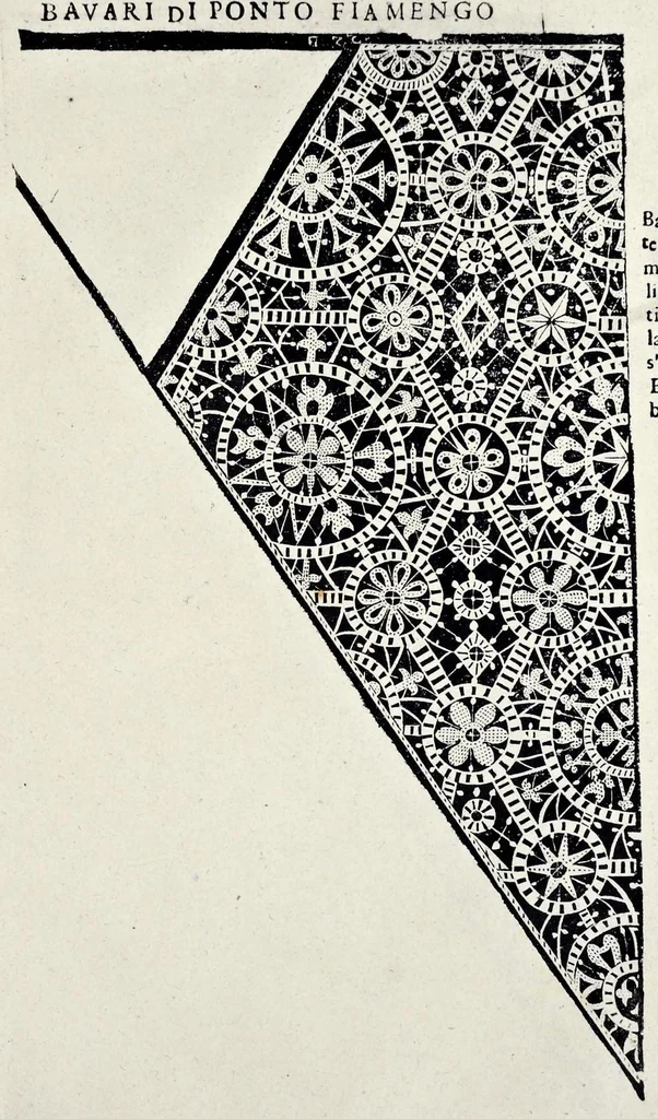 An illustration from Ornamento nobile, per ogni gentil matrona : dove si contiene bavari, frisi d'infinita bellezza, lauori, per linzuoli trauerse, e facuoli : ... con ponti in aria fiamenghi ..., 1876, leaf 20