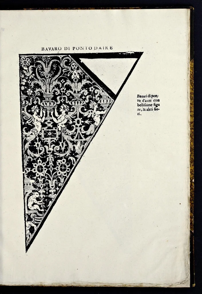 An illustration from Ornamento nobile, per ogni gentil matrona : dove si contiene bavari, frisi d'infinita bellezza, lauori, per linzuoli trauerse, e facuoli : ... con ponti in aria fiamenghi ..., 1876, leaf 26