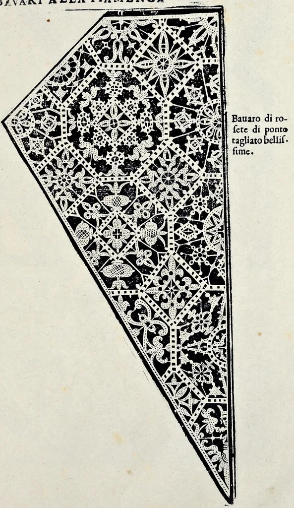 An illustration from Ornamento nobile, per ogni gentil matrona : dove si contiene bavari, frisi d'infinita bellezza, lauori, per linzuoli trauerse, e facuoli : ... con ponti in aria fiamenghi ..., 1876, leaf 34