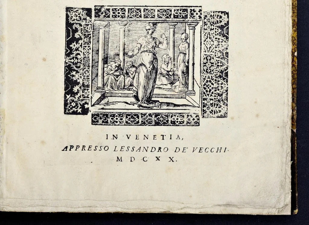 An illustration from Ornamento nobile, per ogni gentil matrona : dove si contiene bavari, frisi d'infinita bellezza, lauori, per linzuoli trauerse, e facuoli : ... con ponti in aria fiamenghi ..., 1876, leaf 6