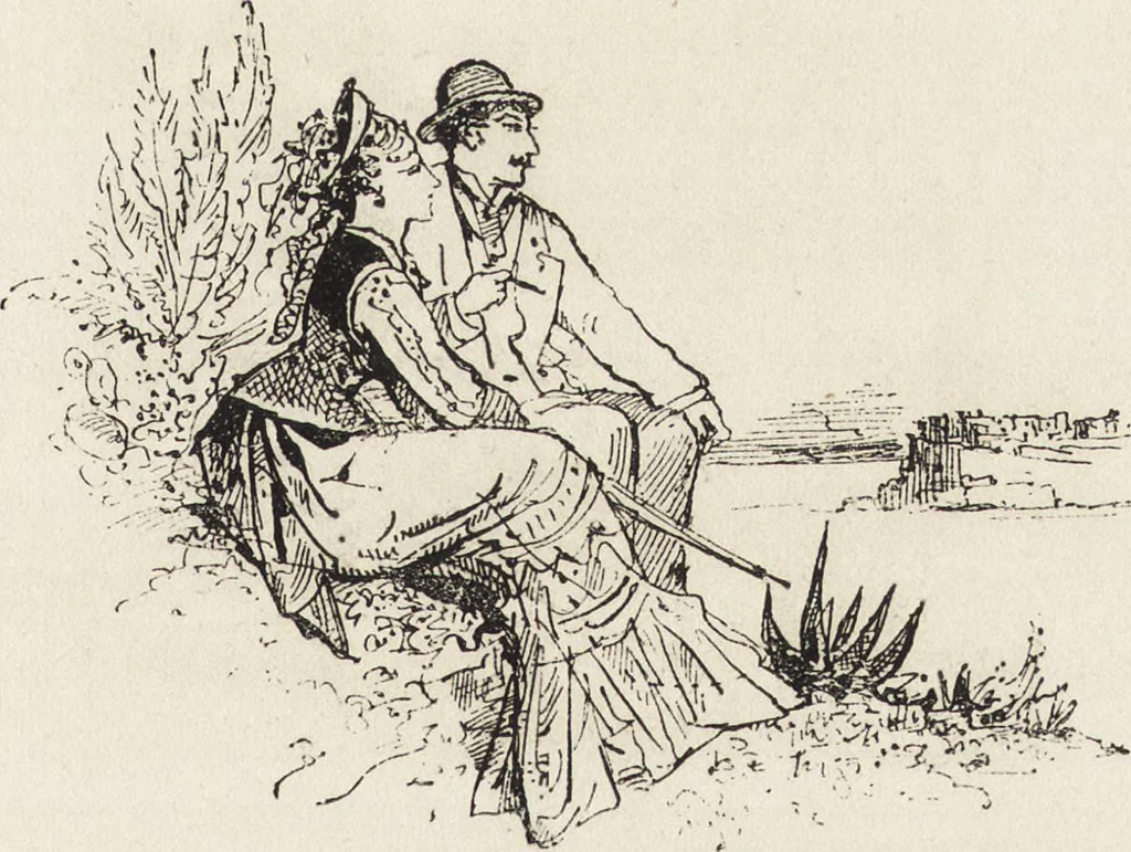 An illustration from La vie hors de chez soi (comédie de notre temps) l'hiver, le printemps, l'été, l'automne; études au crayon et à la plume, 1876, leaf 10