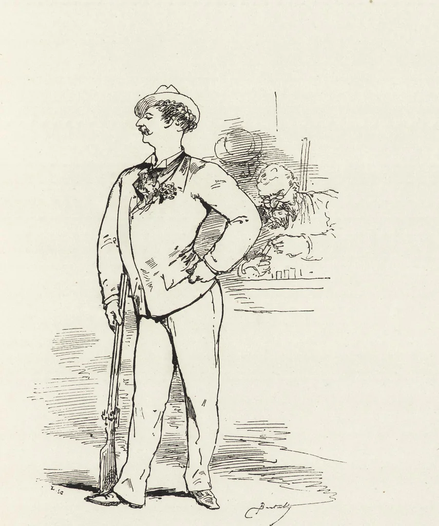 An illustration from La vie hors de chez soi (comédie de notre temps) l'hiver, le printemps, l'été, l'automne; études au crayon et à la plume, 1876, leaf 106