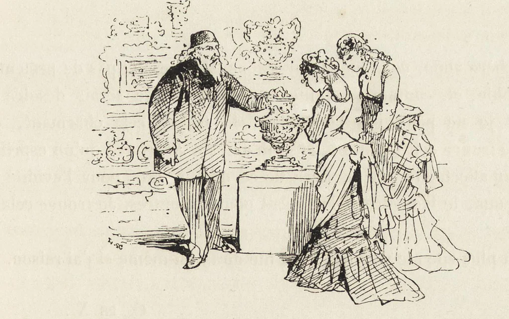 An illustration from La vie hors de chez soi (comédie de notre temps) l'hiver, le printemps, l'été, l'automne; études au crayon et à la plume, 1876, leaf 142