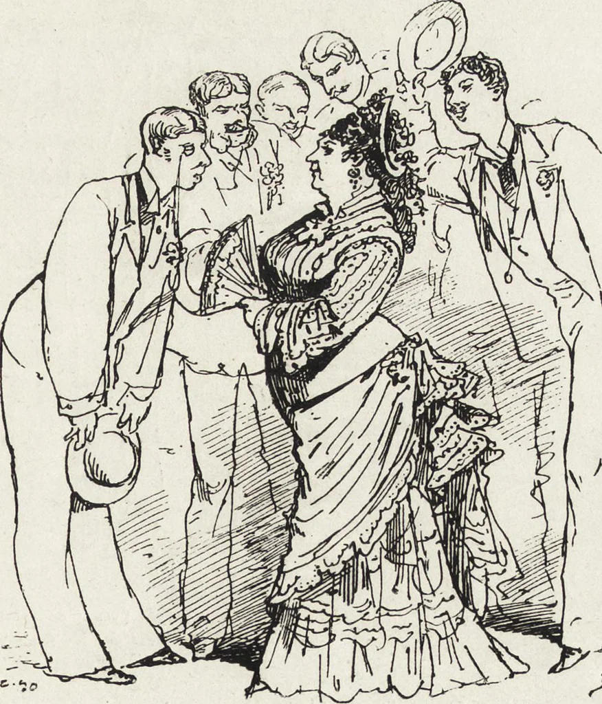 An illustration from La vie hors de chez soi (comédie de notre temps) l'hiver, le printemps, l'été, l'automne; études au crayon et à la plume, 1876, leaf 188