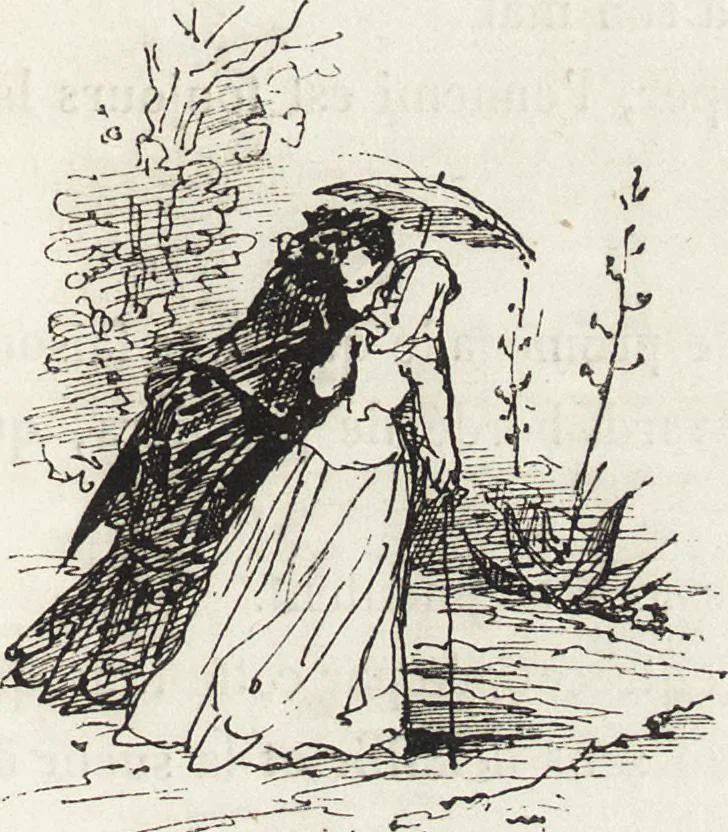 An illustration from La vie hors de chez soi (comédie de notre temps) l'hiver, le printemps, l'été, l'automne; études au crayon et à la plume, 1876, leaf 194