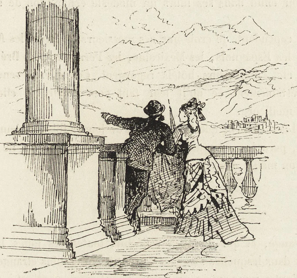 An illustration from La vie hors de chez soi (comédie de notre temps) l'hiver, le printemps, l'été, l'automne; études au crayon et à la plume, 1876, leaf 254