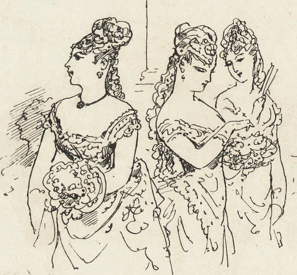 An illustration from La vie hors de chez soi (comédie de notre temps) l'hiver, le printemps, l'été, l'automne; études au crayon et à la plume, 1876, leaf 263