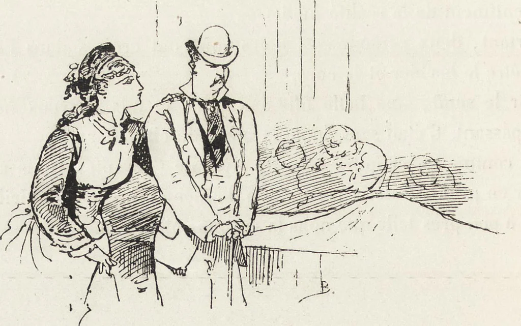 An illustration from La vie hors de chez soi (comédie de notre temps) l'hiver, le printemps, l'été, l'automne; études au crayon et à la plume, 1876, leaf 285
