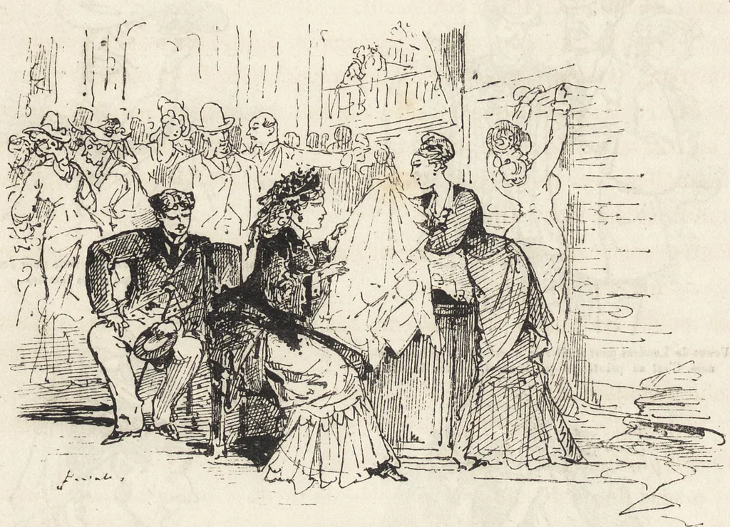 An illustration from La vie hors de chez soi (comédie de notre temps) l'hiver, le printemps, l'été, l'automne; études au crayon et à la plume, 1876, leaf 327