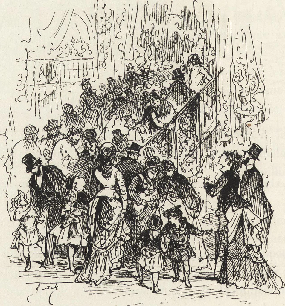An illustration from La vie hors de chez soi (comédie de notre temps) l'hiver, le printemps, l'été, l'automne; études au crayon et à la plume, 1876, leaf 335