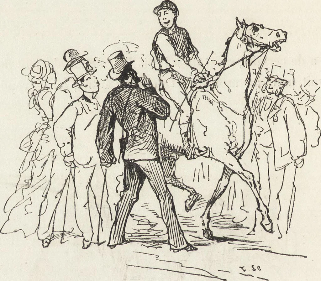 An illustration from La vie hors de chez soi (comédie de notre temps) l'hiver, le printemps, l'été, l'automne; études au crayon et à la plume, 1876, leaf 373