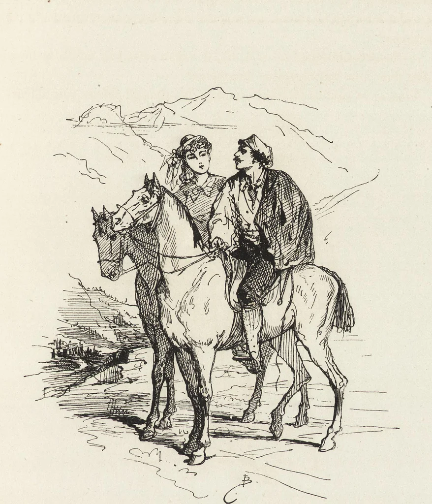 An illustration from La vie hors de chez soi (comédie de notre temps) l'hiver, le printemps, l'été, l'automne; études au crayon et à la plume, 1876, leaf 430