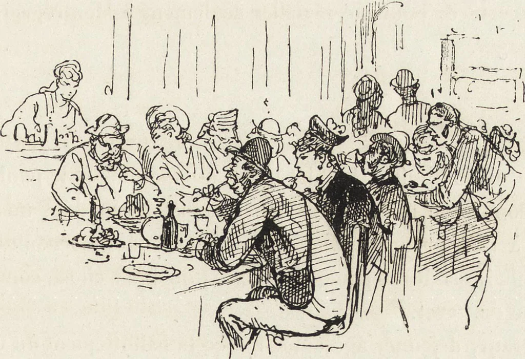 An illustration from La vie hors de chez soi (comédie de notre temps) l'hiver, le printemps, l'été, l'automne; études au crayon et à la plume, 1876, leaf 440