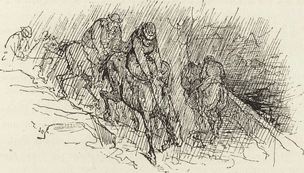 An illustration from La vie hors de chez soi (comédie de notre temps) l'hiver, le printemps, l'été, l'automne; études au crayon et à la plume, 1876, leaf 452