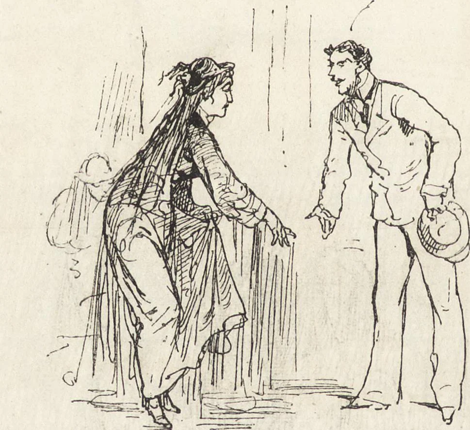 An illustration from La vie hors de chez soi (comédie de notre temps) l'hiver, le printemps, l'été, l'automne; études au crayon et à la plume, 1876, leaf 453