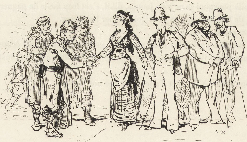 An illustration from La vie hors de chez soi (comédie de notre temps) l'hiver, le printemps, l'été, l'automne; études au crayon et à la plume, 1876, leaf 465