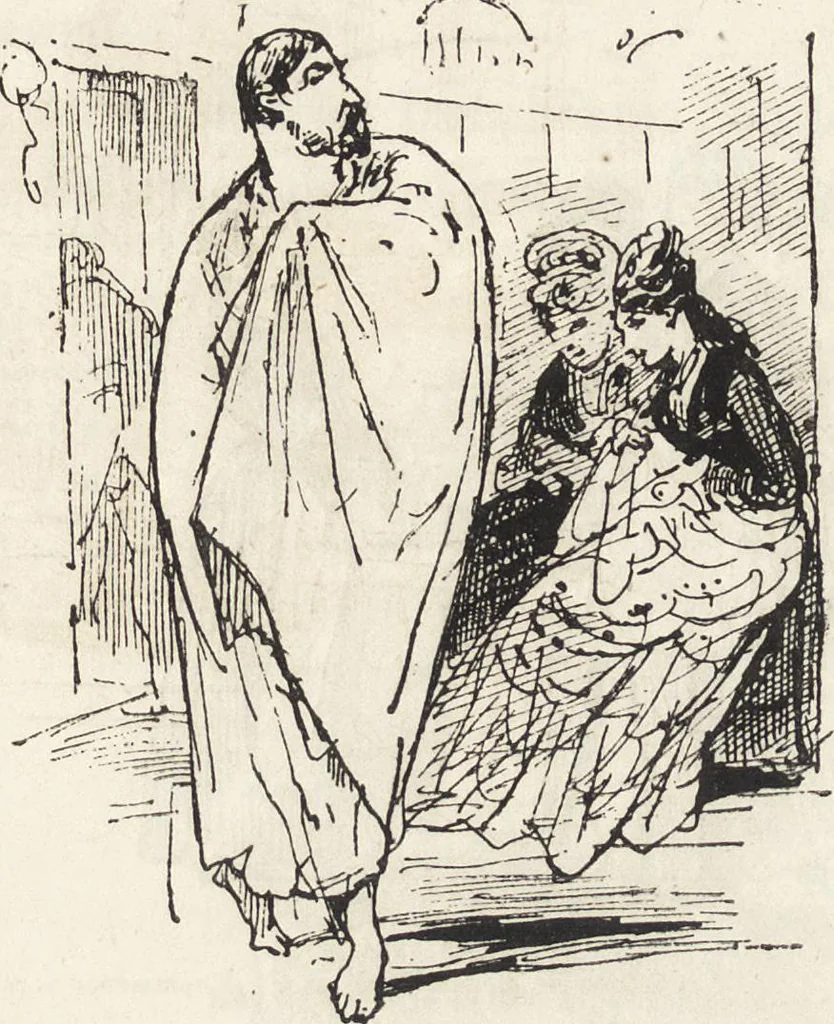 An illustration from La vie hors de chez soi (comédie de notre temps) l'hiver, le printemps, l'été, l'automne; études au crayon et à la plume, 1876, leaf 481