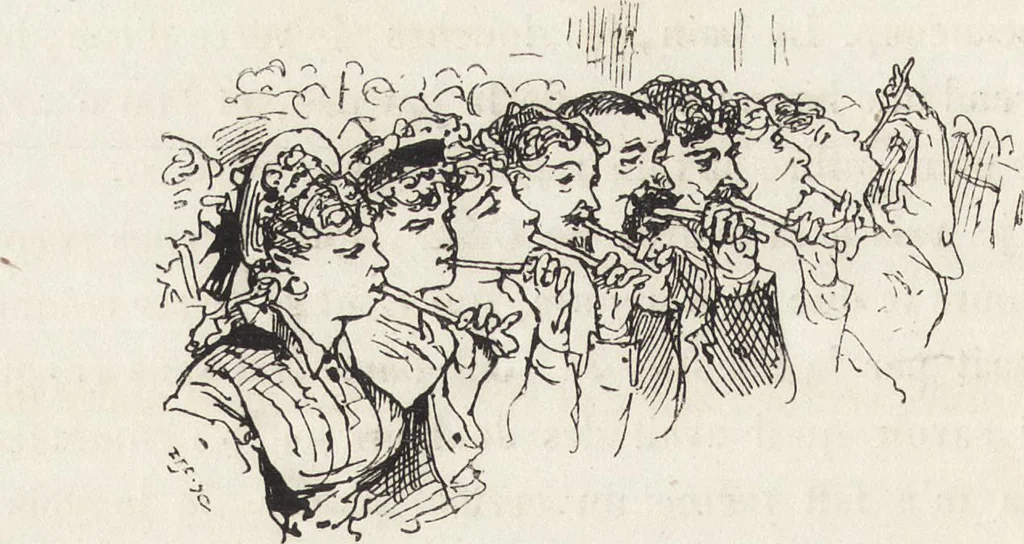 An illustration from La vie hors de chez soi (comédie de notre temps) l'hiver, le printemps, l'été, l'automne; études au crayon et à la plume, 1876, leaf 509