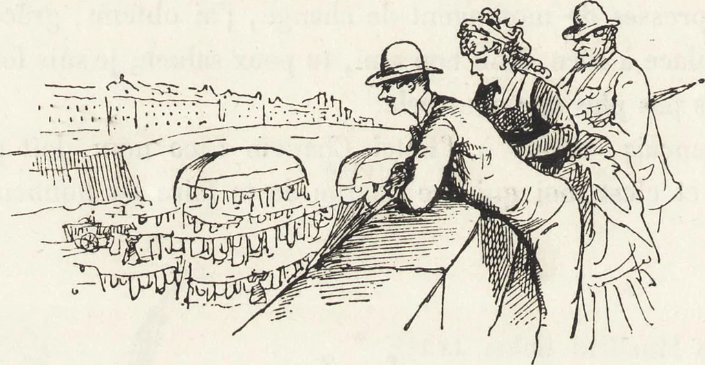 An illustration from La vie hors de chez soi (comédie de notre temps) l'hiver, le printemps, l'été, l'automne; études au crayon et à la plume, 1876, leaf 53