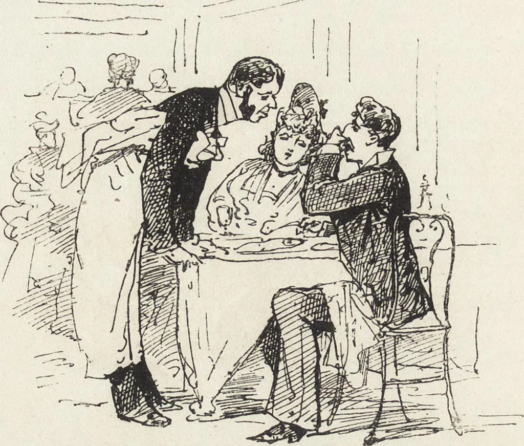 An illustration from La vie hors de chez soi (comédie de notre temps) l'hiver, le printemps, l'été, l'automne; études au crayon et à la plume, 1876, leaf 571