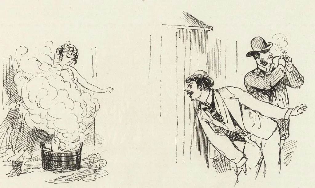 An illustration from La vie hors de chez soi (comédie de notre temps) l'hiver, le printemps, l'été, l'automne; études au crayon et à la plume, 1876, leaf 572