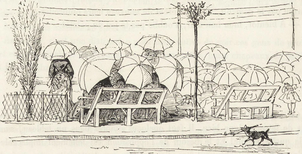 An illustration from La vie hors de chez soi (comédie de notre temps) l'hiver, le printemps, l'été, l'automne; études au crayon et à la plume, 1876, leaf 59