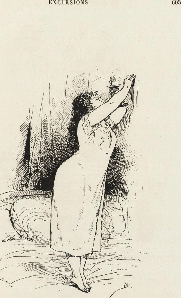 An illustration from La vie hors de chez soi (comédie de notre temps) l'hiver, le printemps, l'été, l'automne; études au crayon et à la plume, 1876, leaf 614